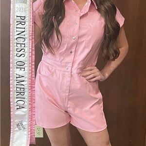 Pink Short Sleeve Pleather Romper